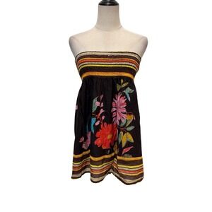 Vtg Y2K Strapless Floral Boho Tube Top Smocked Brown Cotton Sz M Twee Indie